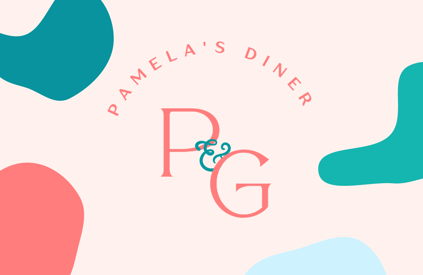 pink and teal graphic for Pamela's Diner website redesign